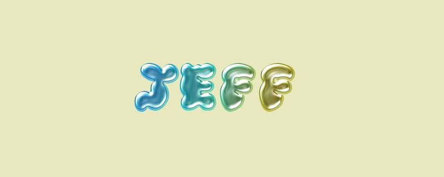 Jeff name. Jeff typography. Funny Childish typography. Famous boys name. Glossy 3D Balloon Typography of the Name Jeffrey in Metallic Colors.