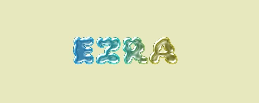 Ezra name. Ezra typography. Funny Childish typography. Famous boys name. Glossy 3D Balloon Typography of the Name Ezra in Metallic Colors.