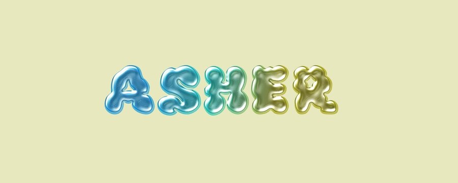 Asher name. Asher typography. Funny Childish typography. Famous boys name. Glossy 3D Balloon Typography of the Name Asher in Metallic Colors.