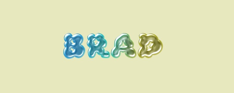 Brad name. Brad typography. Funny Childish typography. Famous boys name. Glossy 3D Balloon Typography of the Name Brad in Metallic Colors.