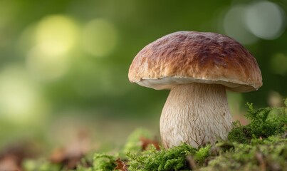 A mushroom is sitting on a patch of moss