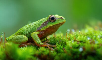 Fototapeta premium A green frog is sitting on a green mossy surface