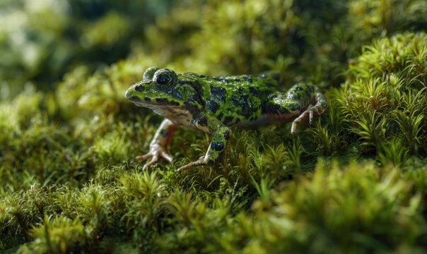 A green frog is standing on a patch of moss