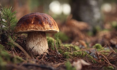 Fototapeta premium A mushroom is sitting on the ground in a forest