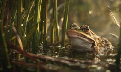 Obraz premium A frog is swimming in a pond