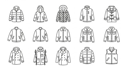 Collection of hand-drawn winter jackets and coats illustrations. © Jibril