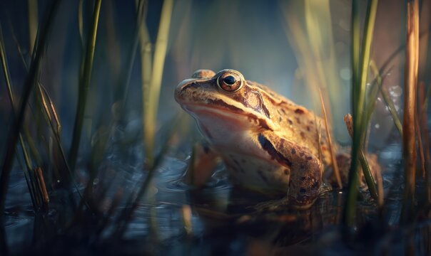 A frog is sitting in a pond