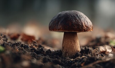 Fototapeta premium A mushroom is sitting on the ground