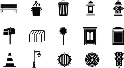 Black and white icons of urban street furniture and city infrastructure elements © Simu Store