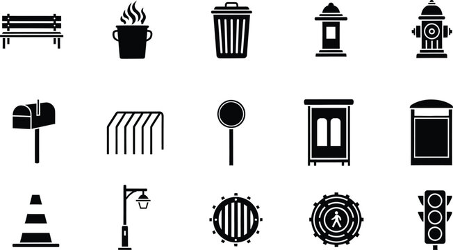 Black and white icons of urban street furniture and city infrastructure elements