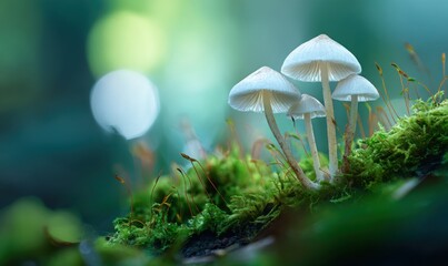 Fototapeta premium Three mushrooms are on a green mossy ground