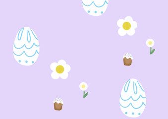 Easter egg and Easter cake with daisy flowers on lilac background, seamless spring pattern with decorated egg, sweet cupcake and floral elements, soft pastel illustration, ideal for wrapping paper