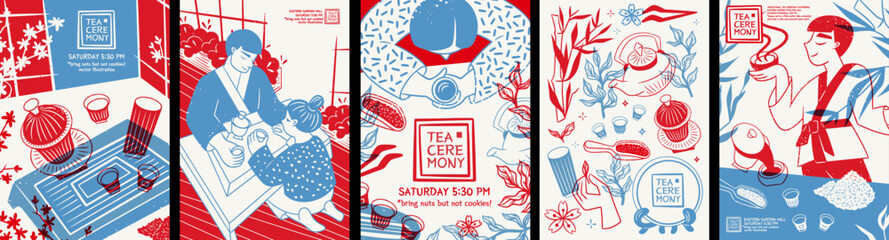Tea ceremony. Vector Japanese and Chinese illustration of a traditional teapot, matcha ritual, people drinking tea for a card, event invitation, poster, flyer for an Asian festival, or background. © Ardea-studio
