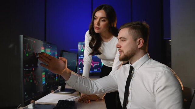 Stock market traders analyzing financial cryptocurrency charts data
