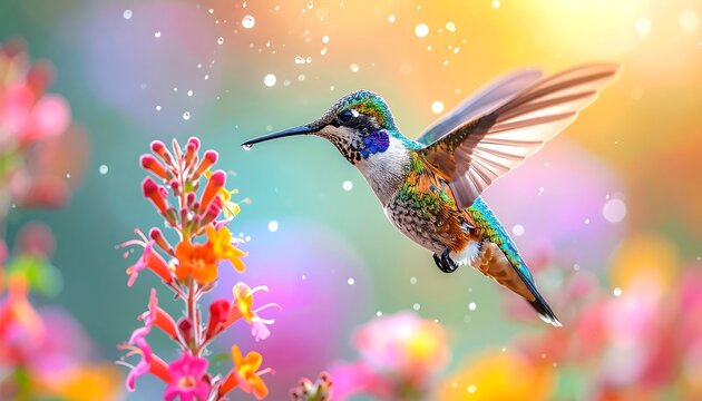 Hummingbird hovers near vibrant flowers, bright sunlight & bokeh lights creating a dreamlike scene