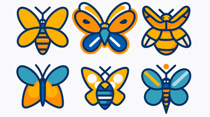 Colorful vector illustration featuring a collection of six stylised butterflies. Different designs and colours are presented