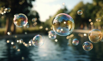 A bunch of bubbles floating in the air above a body of water