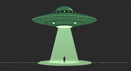 Mysterious green unidentified flying object hovers ominously above a solitary silhouette standing directly beneath its powerful illuminating tractor beam of light against the dark background. © Mian
