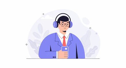 Person wearing headphones and holding a smartphone, with abstract background elements