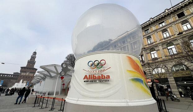 Milan, Italy - February 24, 2026: Alibaba Worldwide Partner installation with Olympic rings in central Milan during Milano Cortina 2026 Winter Games preparations