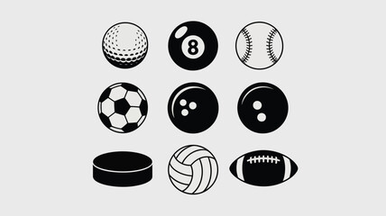 Sports balls vector illustration, golf ball, soccer ball, hockey puck, flat design