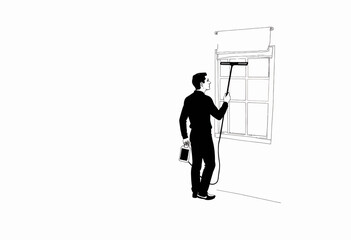 Monochromatic Illustration of a Person Cleaning a Window with a Squeegee and Bucket in a Minimalist Setting