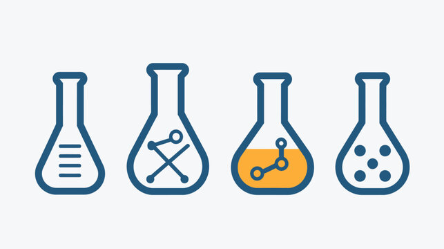 Four stylized flask icons of different contents and designs, in a row