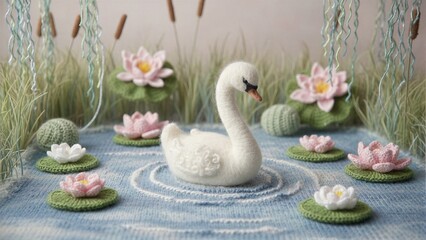 Obraz premium White knitted swan on a blue knitted pond with pink and white water lilies, a charming spring nature concept for Easter card.