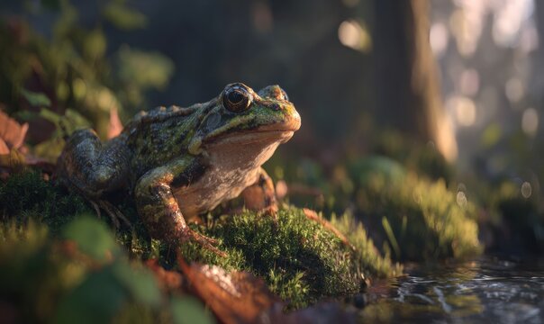 A frog is sitting on a mossy rock by a stream