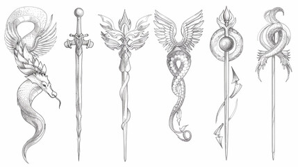 Intricate grayscale illustrations of stylized staffs or scepters, each with a unique ornate design