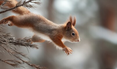 Obraz premium A squirrel is jumping from a tree branch