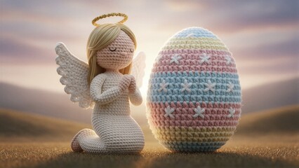 Naklejka premium Knitted angel with halo and an Easter egg. Religious Easter concept. Biblical scene for holiday greeting card.