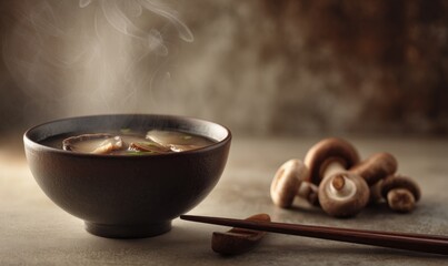 A bowl of soup with mushrooms and chopsticks