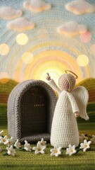 Naklejka premium Knitted angel pointing to the empty tomb at sunrise. Easter resurrection scene with crochet figures. Christian holiday.