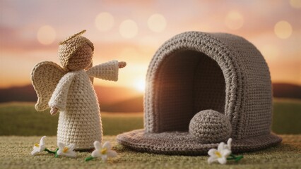 Naklejka premium Knitted angel pointing to an empty tomb representing Easter resurrection. Christian religion biblical scene for holiday celebration.