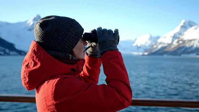 A person in a red jacket looks through binoculars on a boat in front of a snowy mountain range on a clear day in this video