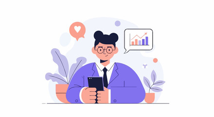 Person in suit with phone, plants, and growth chart