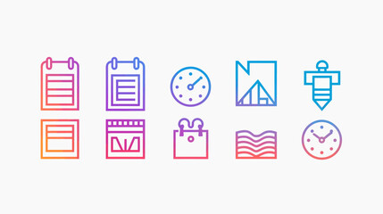 Colorful and minimalist icons on a white background, including clocks, calendars, and abstract shapes