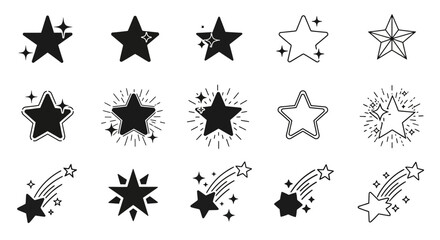 Collection of Hand-Drawn Star Icons: Sparkle, Shooting Stars, and Starbursts