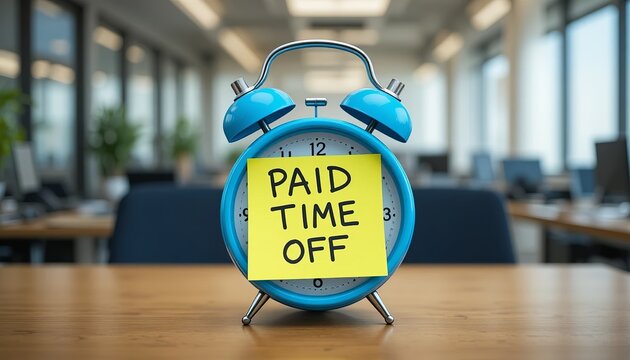 Blue alarm clock with paid time off note on office desk