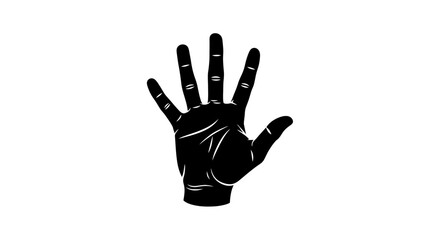 Fototapeta premium Black silhouette of a hand showing four fingers, with the thumb bent, on an isolated white background, representing the number four or a specific gesture.