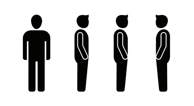 Row of stick figures showing turning stages from front to side profile on an isolated white background, representing perspective or transformation.