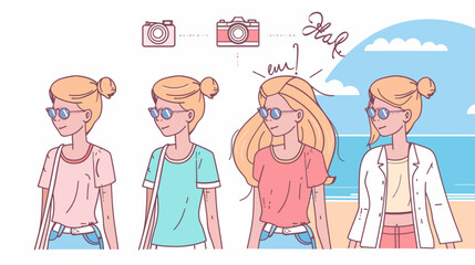 A stylized illustration depicting four women, each with sunglasses, standing, with a beach background