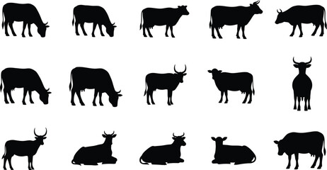 Collection of black silhouettes of cows and bulls in various poses