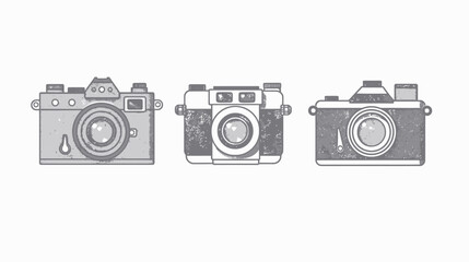 Three stylized, grayscale vintage camera illustrations with textures on a white background