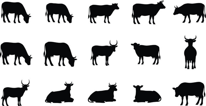 Collection of black silhouettes of cows and bulls in various poses