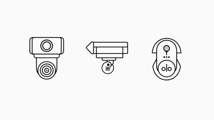 Three stylized, simplified icons of surveillance cameras, designed with geometric shapes and a minimalist aesthetic