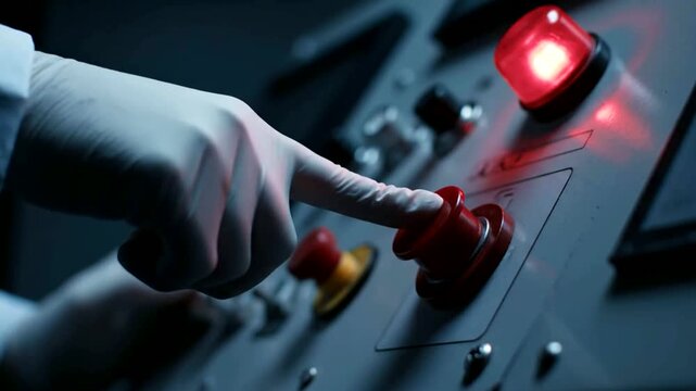 Gloved hand presses button at control panel slow motion or Lab technician activates machine control panel slow motion