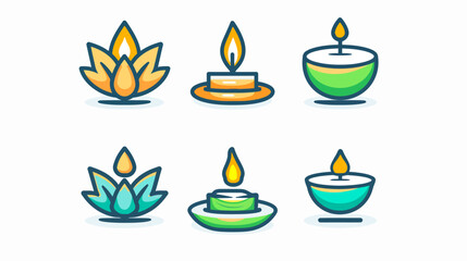 Colorful vector illustrations of glowing candles and stylized lotus flowers, isolated on white