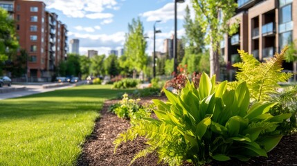 Fototapeta premium Vibrant City Park Transformation in Vacant Lot with Lush Greenery and Sunshine